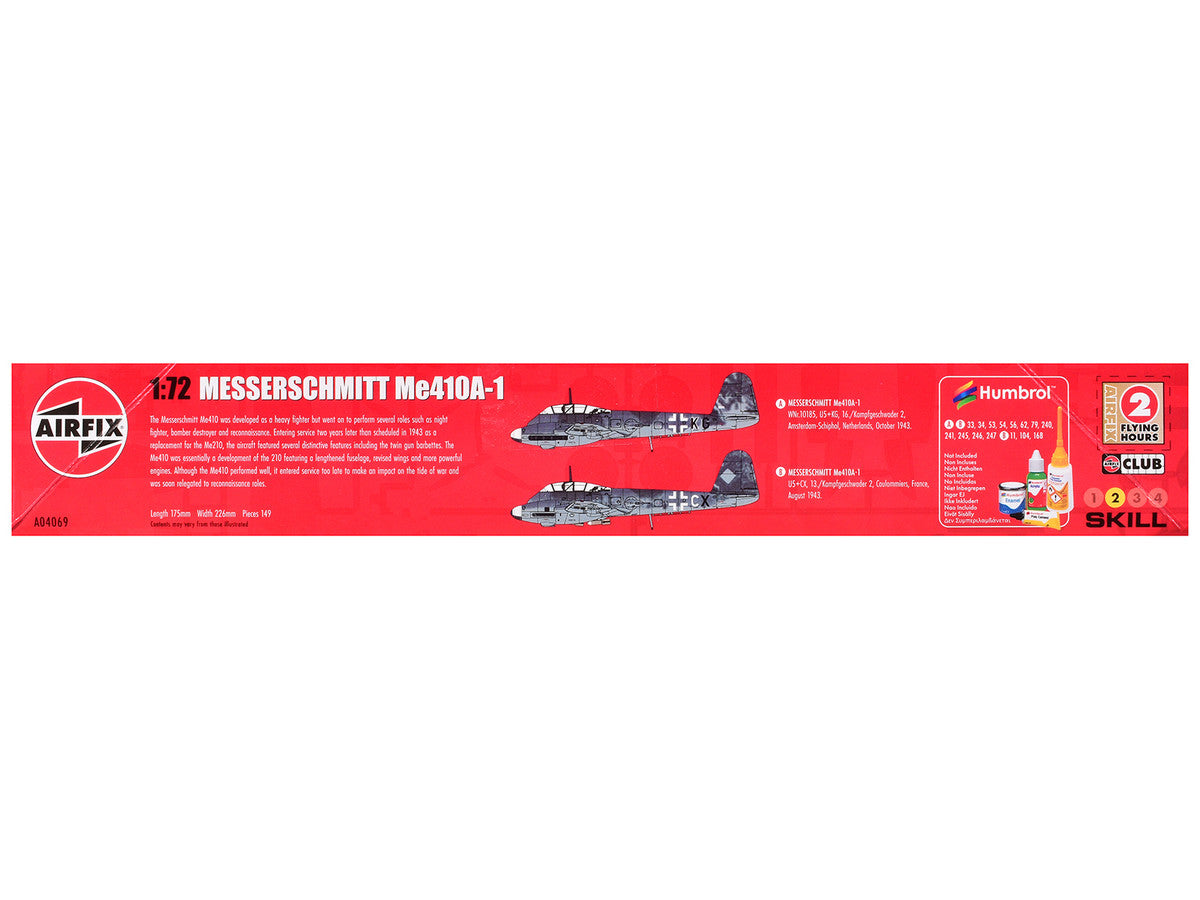 Level 2 Model Kit Messerschmitt Me410A-1 Fighter Aircraft with 2 Scheme Options 1/72 Plastic Model Kit by Airfix Airfix