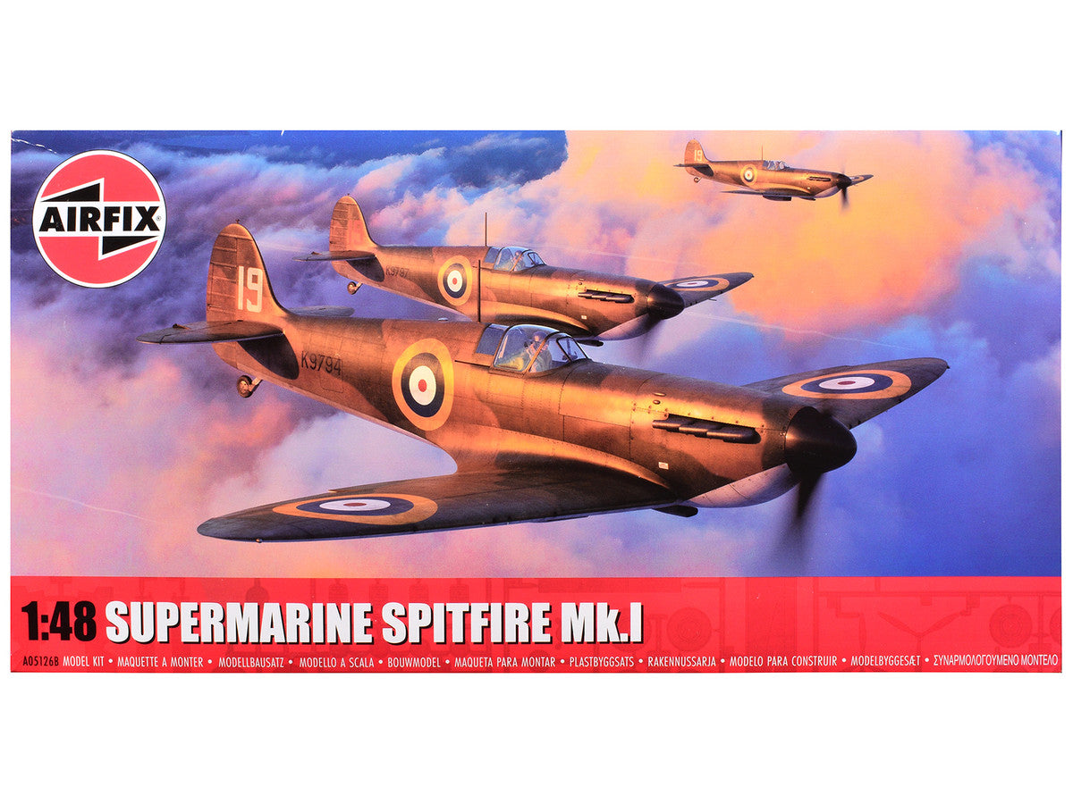 Level 2 Model Kit Supermarine Spitfire Mk.I Fighter Aircraft with 3 Scheme Options 1/48 Plastic Model Kit by Airfix Airfix