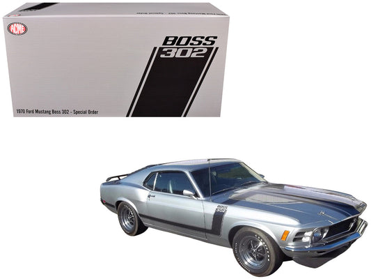 1970 Ford Mustang BOSS 302 "Special Order" Light Silver Metallic with Black Stripes Limited Edition to 302 pieces Worldwide 1/18 Diecast Model Car by ACME Acme