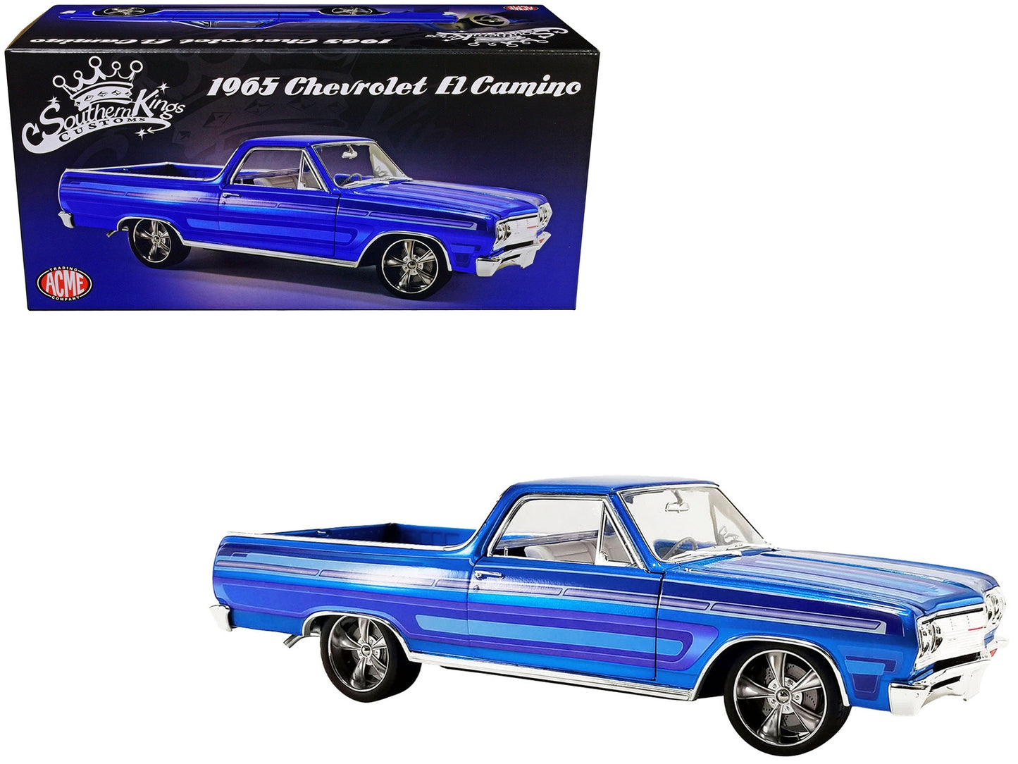 1965 Chevrolet El Camino Custom Laser Blue Metallic with Graphics "Southern Kings Customs" Limited Edition to 222 pieces Worldwide 1/18 Diecast Model Car by ACME