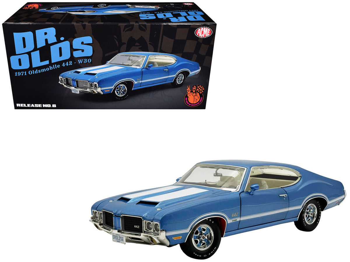 1971 Oldsmobile 442 W30 "Dr. Olds Release #6" Viking Blue Metallic with White Stripes Limited Edition to 442 pieces Worldwide 1/18 Diecast Model Car by ACME Acme