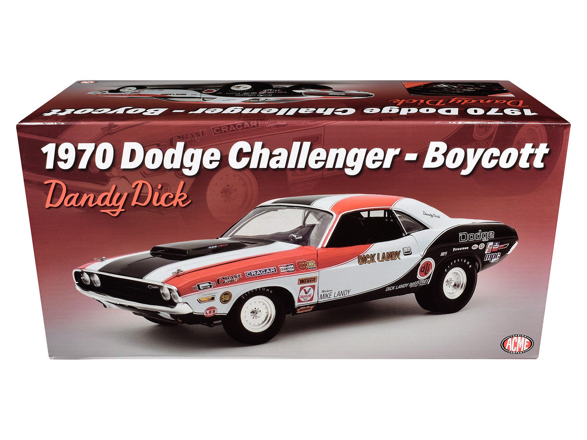 1970 Dodge Challenger "Boycott - 'Dandy' Dick Landy" White with Black and Red Stripes and Graphics Limited Edition to 500 pieces Worldwide 1/18 Diecast Model Car by ACME Acme
