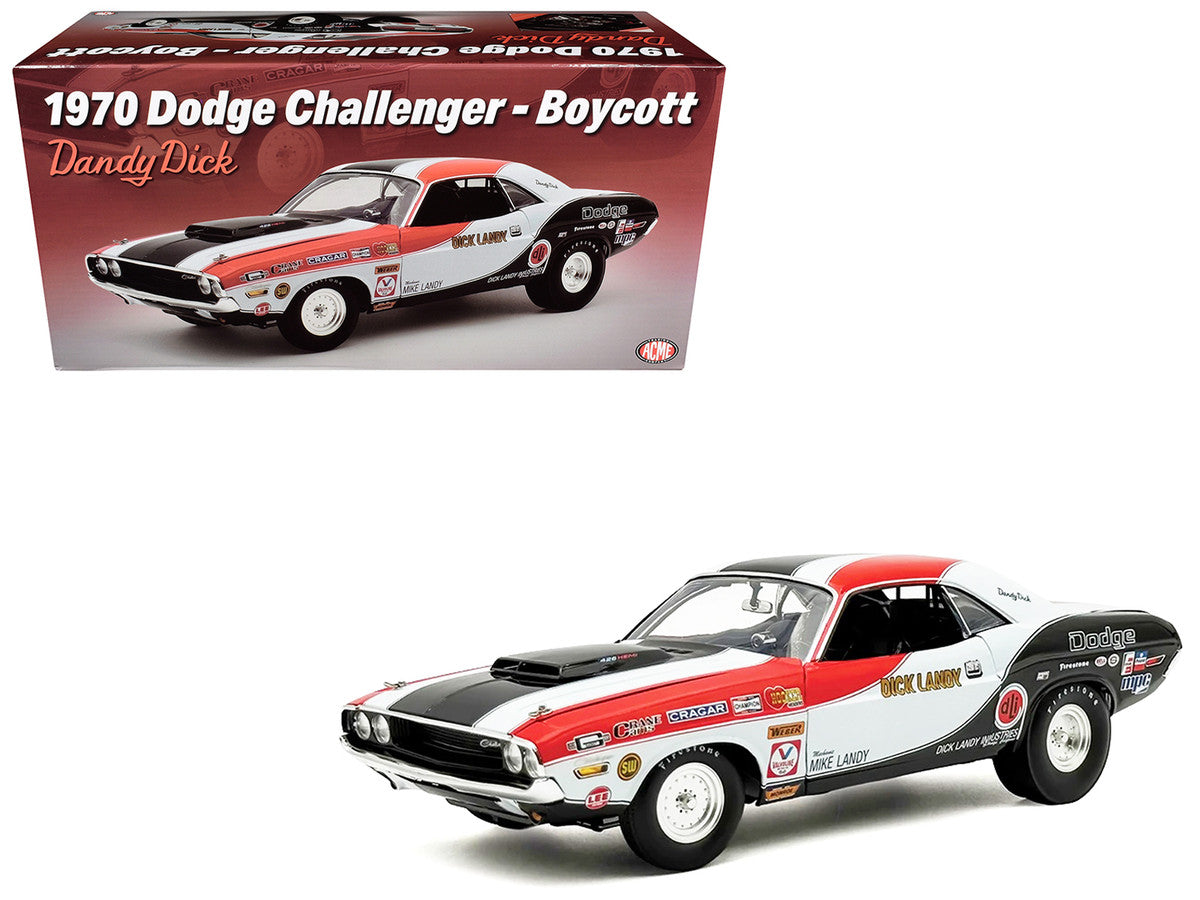 1970 Dodge Challenger "Boycott - 'Dandy' Dick Landy" White with Black and Red Stripes and Graphics Limited Edition to 500 pieces Worldwide 1/18 Diecast Model Car by ACME Acme