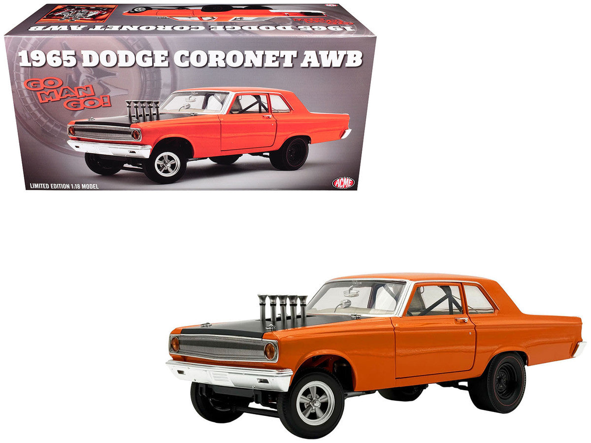 1965 Dodge Coronet AWB "Go Man Go" Go Mango Orange with Black Hood Limited Edition to 300 pieces Worldwide 1/18 Diecast Model Car by ACME Acme