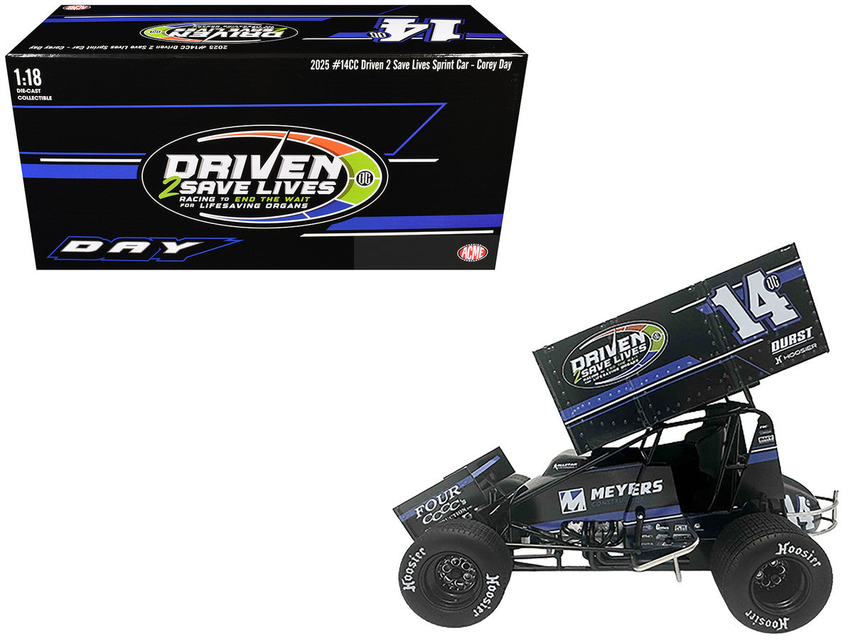 Winged Sprint Car #14CC Corey Day (Blue Version) "Driven 2 Save Lives" Jason Meyers Racing (2025) 1/18 Diecast Model Car by ACME-0