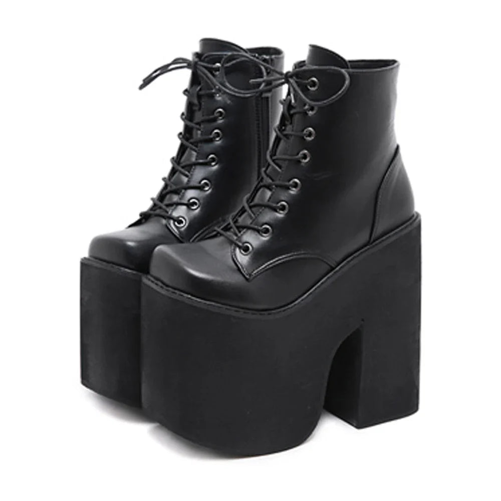Gdgydh Women's Y2K Style Short Boots Square Closed Toe Lace Up Platform Boots High Chunky Heels Fashion Solid Color Shoes LadyShow.Store