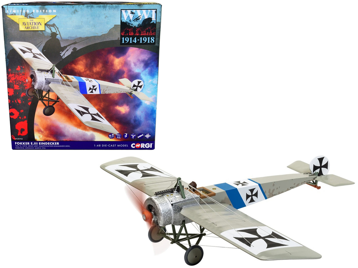 Fokker E.III Eindecker Fighter Aircraft "Vzfw. Ernst Udet Kampfeinsitzer Kommando Germany" (March 1916) "The Aviation Archive" Series 1/48 Diecast Model by Corgi