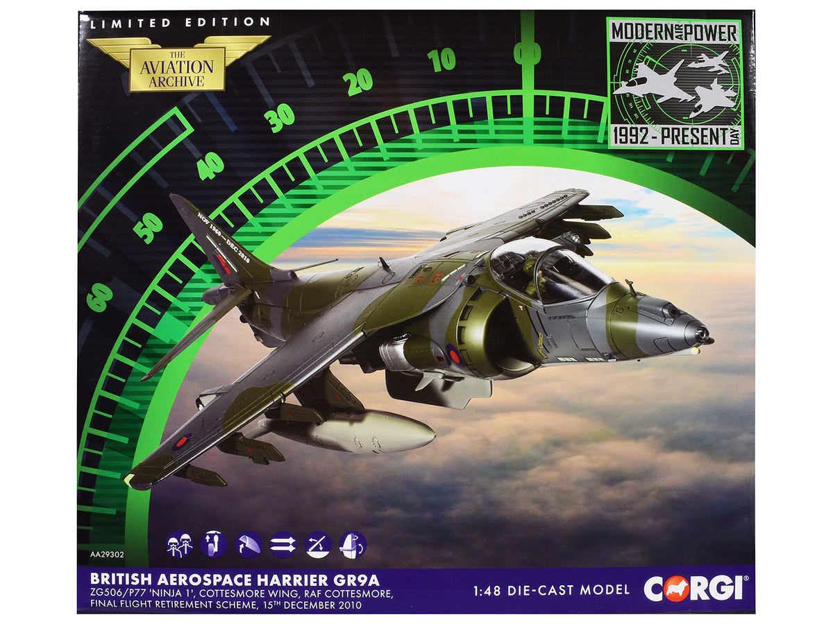 British Aerospace Harrier GR9A Aircraft "ZG506/P77 Ninja 1 RAF Cottesmore Final Flight Retirement Scheme" (2010) Royal Air Force "The Aviation Archive" Series 1/48 Diecast Model by Corgi-2