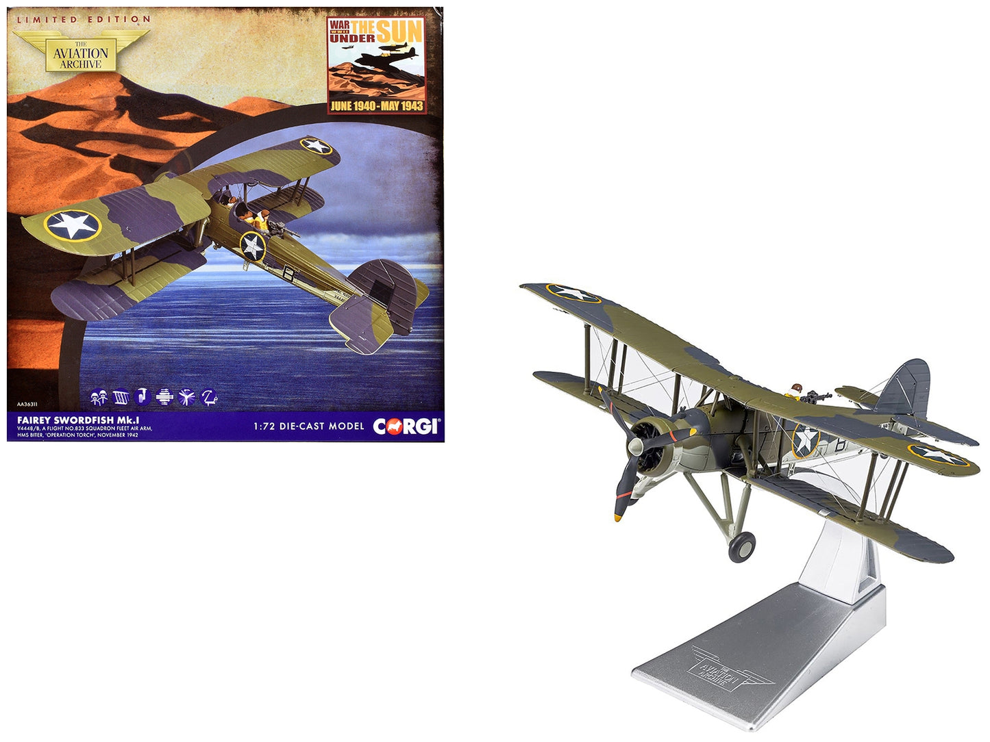 Fairey Swordfish Mk.I Bomber Aircraft "No. 833 Squadron of the Fleet Air Arm HMS Biter Operation Torch" (1942) British Royal Air Force "The Aviation Archive" Series 1/72 Diecast Model by Corgi