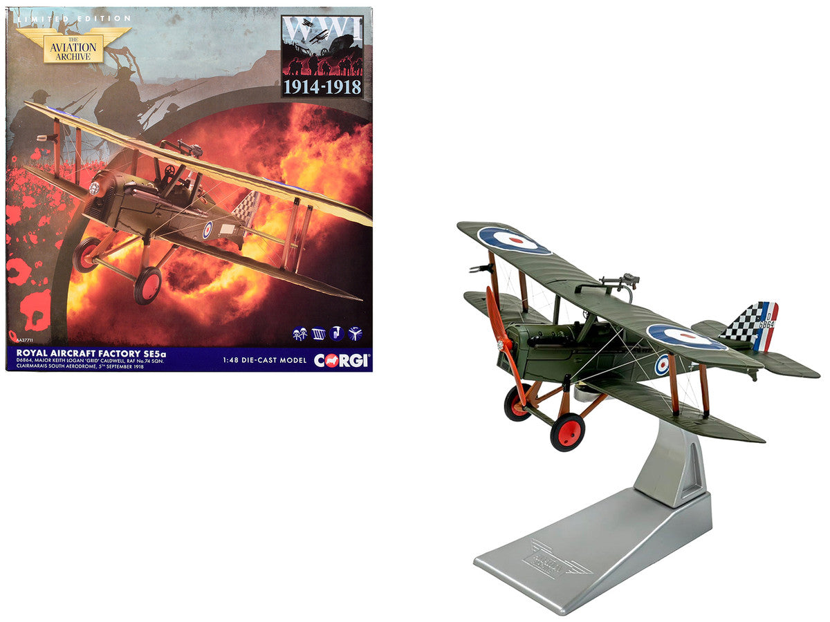 Royal Aircraft Factory SE5a Biplane Aircraft "D6864 Major Keith Logan Caldwell No. 74 Squadron Clairmarais South Aerodrome" (1918) Royal Air Force "The Aviation Archive" Series 1/48 Diecast Model by Corgi Corgi
