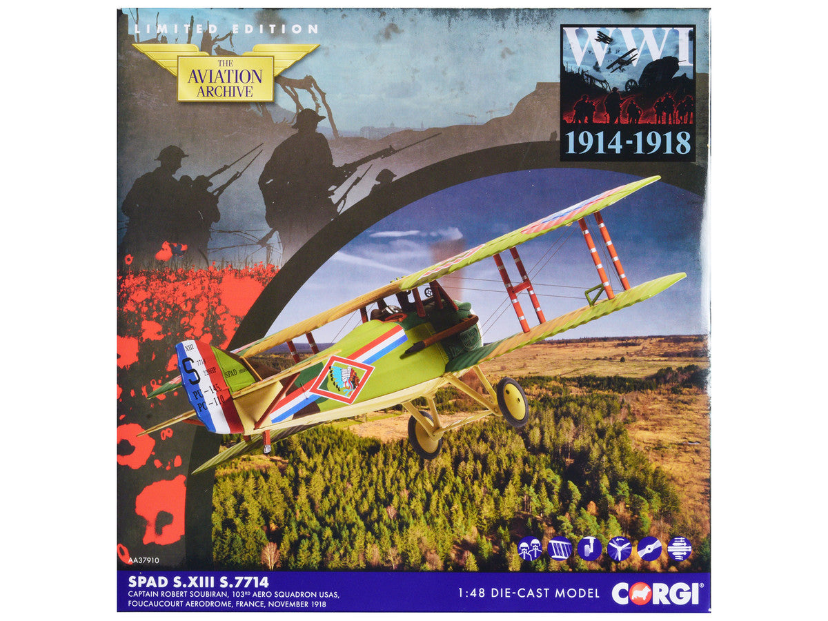 SPAD S.XIII Aircraft "Captain Robert Soubiran 103rd Aero Squadron USAS Foucaucourt Aerodrome France" (1918) United States Army Air Service "The Aviation Archive" Series 1/48 Diecast Model by Corgi-0