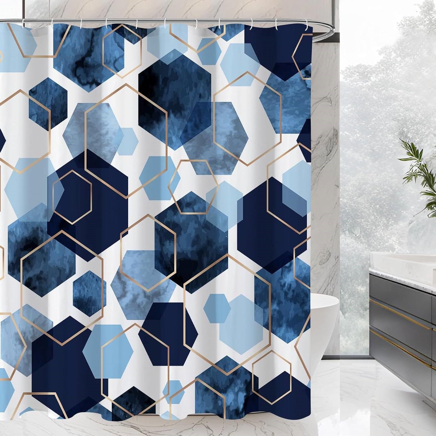 72"W x 78"H Blue White Hexagon Geometric Pattern Polyester Shower Curtain FastFurnishings
