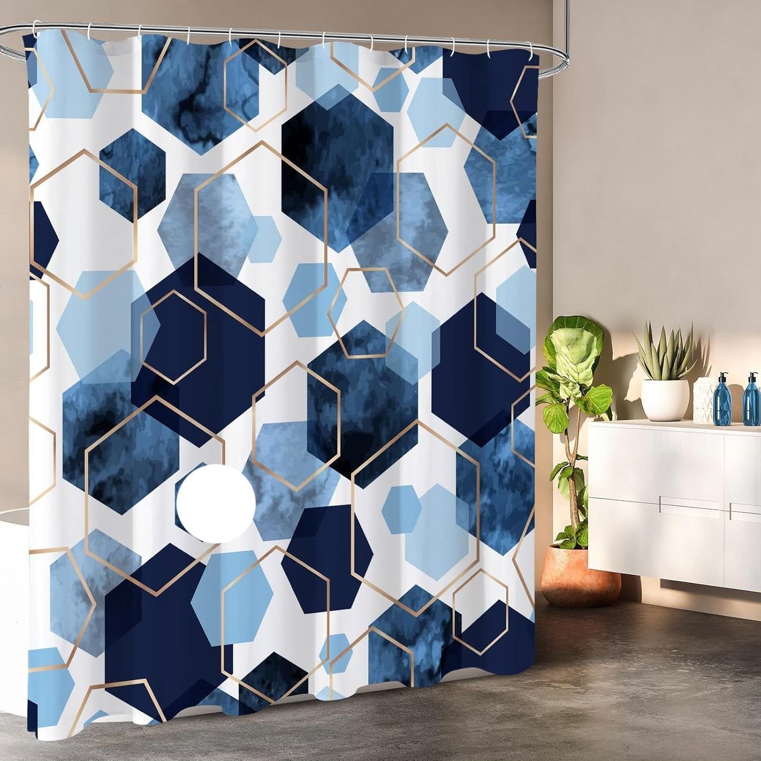 72"W x 78"H Blue White Hexagon Geometric Pattern Polyester Shower Curtain FastFurnishings