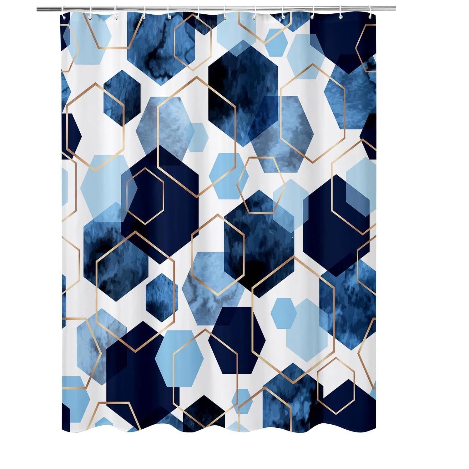 72"W x 78"H Blue White Hexagon Geometric Pattern Polyester Shower Curtain FastFurnishings