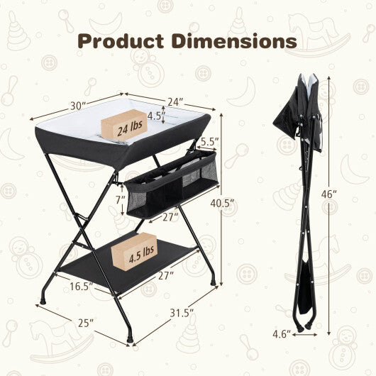 Baby Storage Folding Diaper Changing Table-Black - Color: Black W2B