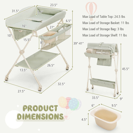 Baby Diaper Changing Table with Water Basin Wheel-Green W2B