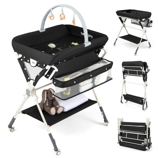Baby Changing Table Foldable Diaper Changing Station with Storage Bag and Shelf-Black W2B