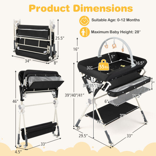 Baby Changing Table Foldable Diaper Changing Station with Storage Bag and Shelf-Black W2B
