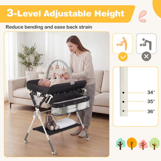 Baby Changing Table Foldable Diaper Changing Station with Storage Bag and Shelf-Black W2B