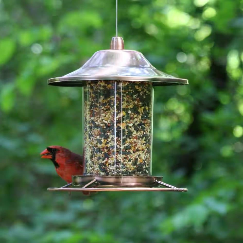 Copper Bird Feeder with Plastic Seed Reservoir Tube and Circular Perch FastFurnishings