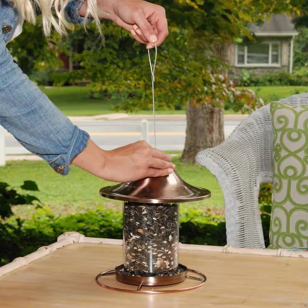 Copper Bird Feeder with Plastic Seed Reservoir Tube and Circular Perch FastFurnishings