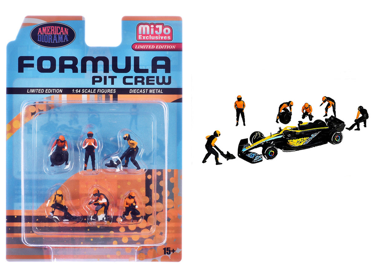 "Formula Pit Crew – Team Orange" 6 piece Diecast Figure Set (6 Figures) Limited Edition for 1/64 Scale Models by American Diorama American Diorama