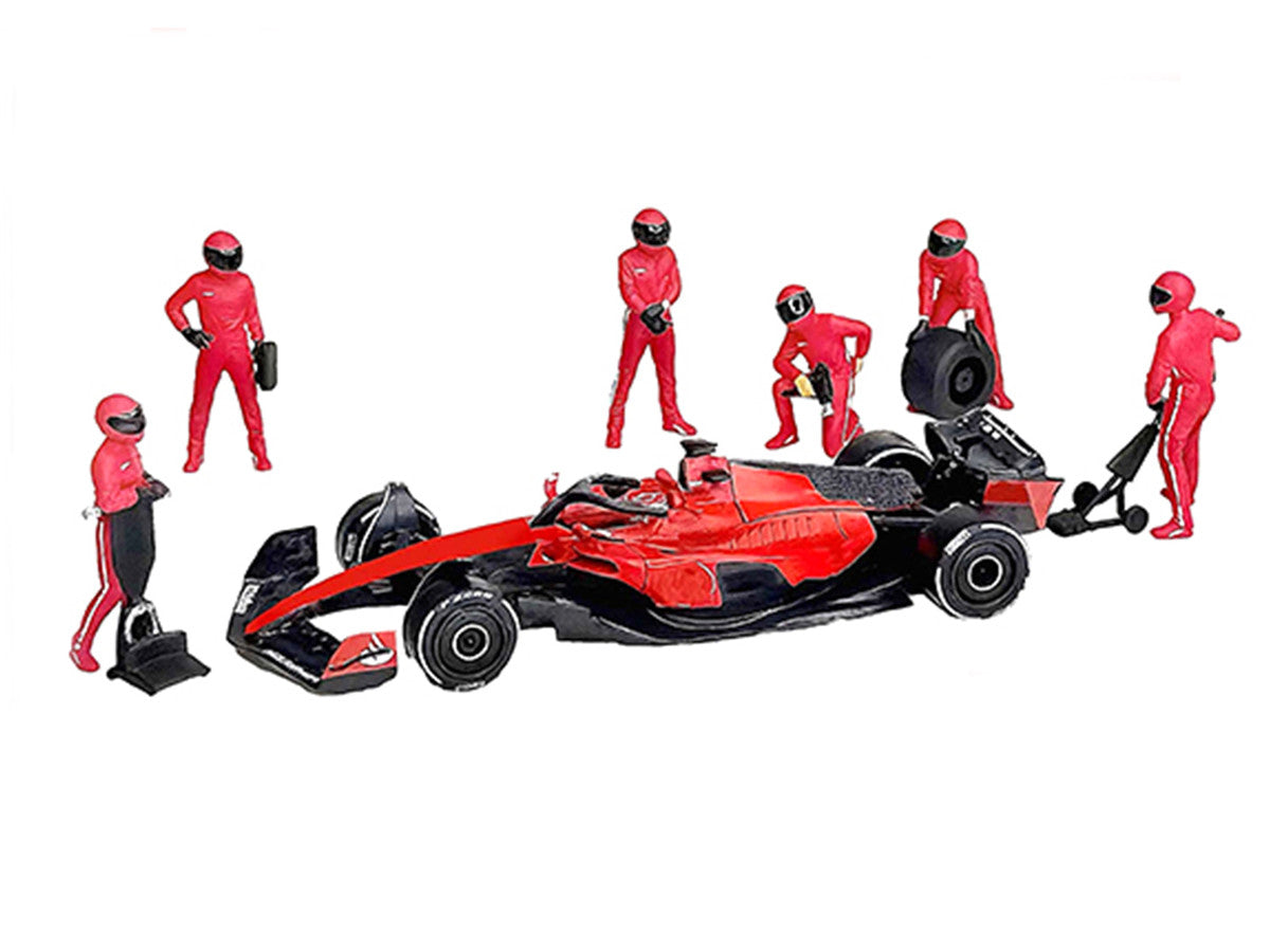 "Formula Pit Crew – Team Red" 6 piece Diecast Figure Set (6 Figures) Limited Edition for 1/64 Scale Models by American Diorama American Diorama