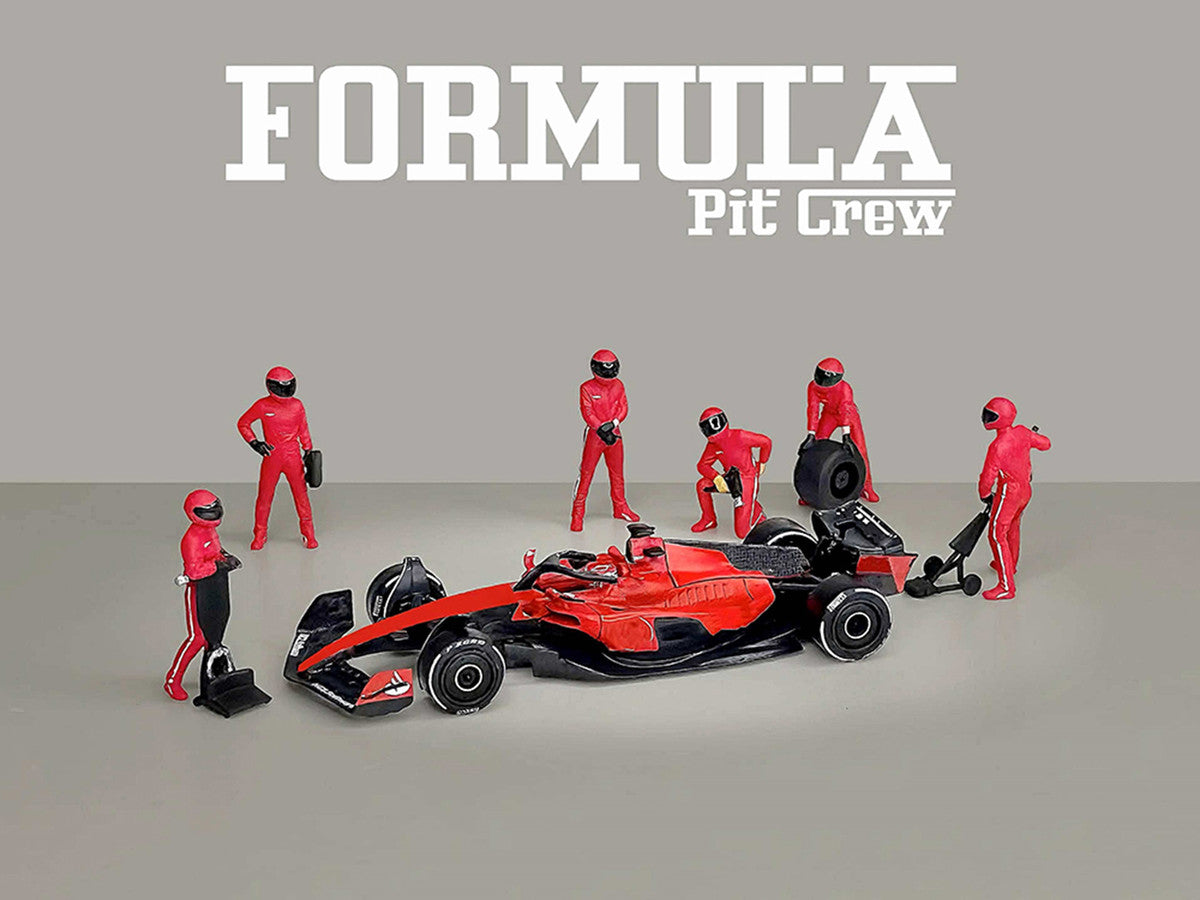 "Formula Pit Crew – Team Red" 6 piece Diecast Figure Set (6 Figures) Limited Edition for 1/64 Scale Models by American Diorama American Diorama