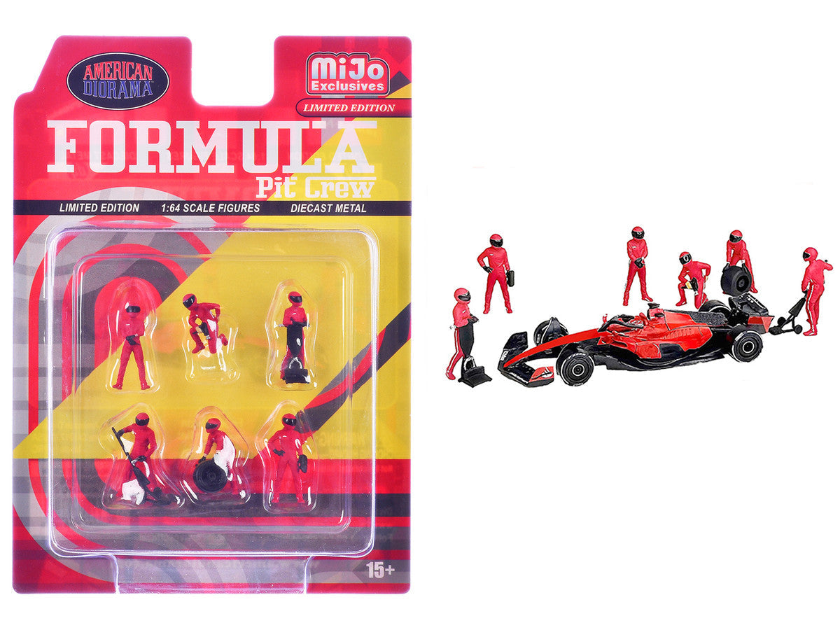 "Formula Pit Crew – Team Red" 6 piece Diecast Figure Set (6 Figures) Limited Edition for 1/64 Scale Models by American Diorama American Diorama