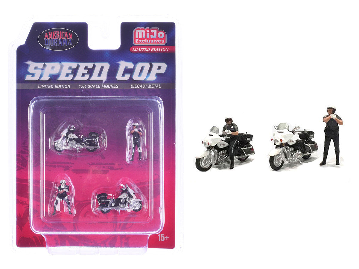 "Speed Cop" 4 piece Diecast Figure Set (2 Figures 2 Motorcycles) Limited Edition for 1/64 Scale Models by American Diorama American Diorama