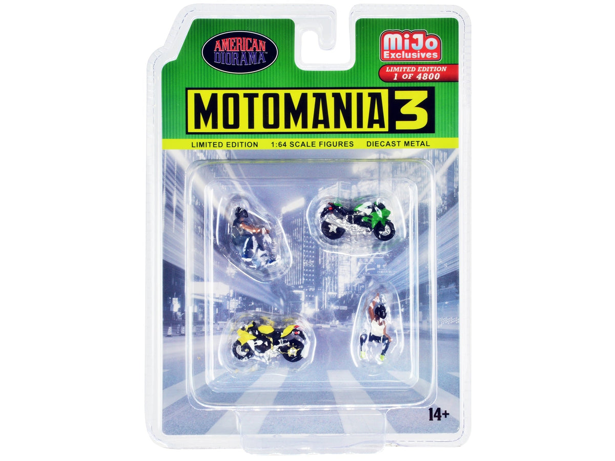 "Motomania 3" 4 piece Diecast Set (2 Figures and 2 Motorcycles) Limited Edition to 4800 pieces Worldwide for 1/64 Scale Models by American Diorama W2B