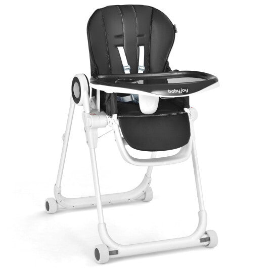 Baby High Chair Foldable Feeding Chair with 4 Lockable Wheels-Black W2B