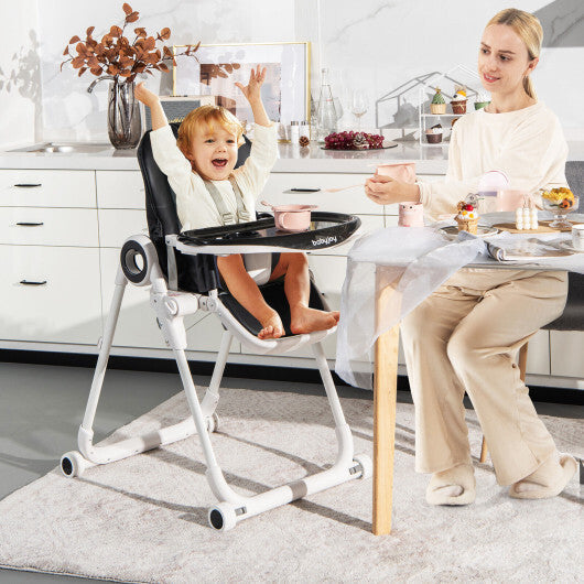 Baby High Chair Foldable Feeding Chair with 4 Lockable Wheels-Black W2B