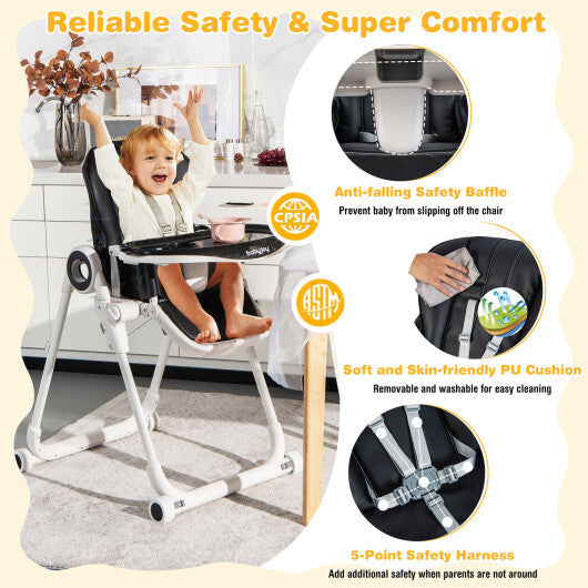Baby High Chair Foldable Feeding Chair with 4 Lockable Wheels-Black W2B