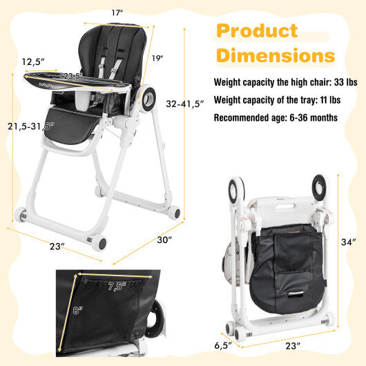 Baby High Chair Foldable Feeding Chair with 4 Lockable Wheels-Black W2B