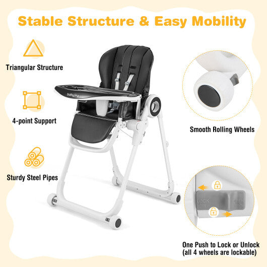 Baby High Chair Foldable Feeding Chair with 4 Lockable Wheels-Black W2B
