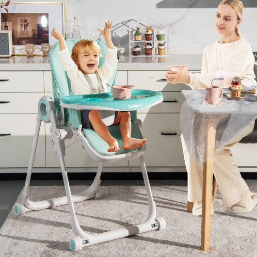 Baby High Chair Foldable Feeding Chair with 4 Lockable Wheels-Black W2B