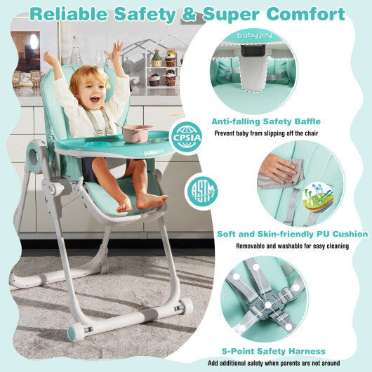 Baby High Chair Foldable Feeding Chair with 4 Lockable Wheels-Black W2B