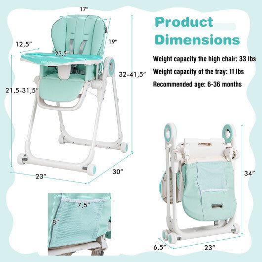 Baby High Chair Foldable Feeding Chair with 4 Lockable Wheels-Black W2B