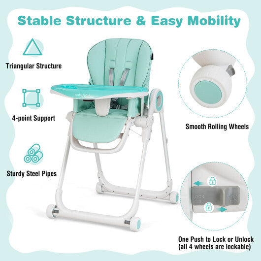Baby High Chair Foldable Feeding Chair with 4 Lockable Wheels-Black W2B