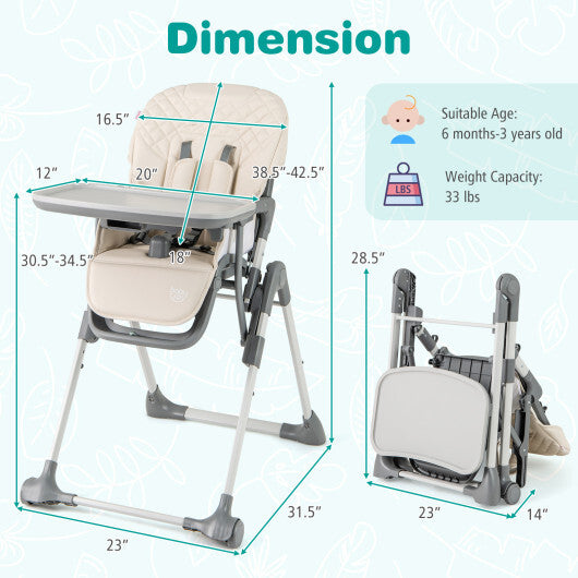 Foldable High Chair with Footrest and Detachable Tray-Beige