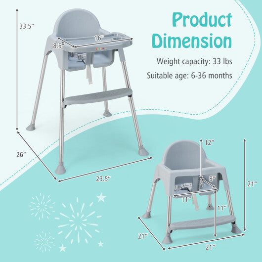 4-in-1 Convertible Baby High Chair with Removable Double Tray-Gray W2B