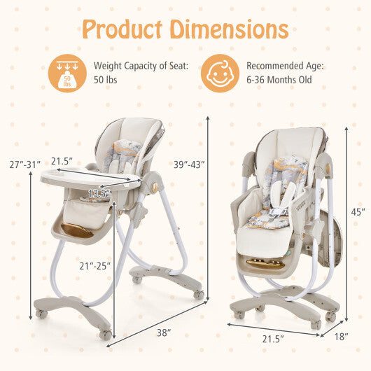 Folding Baby Dining High Chair with Adjustable Height and Recline-Gray W2B