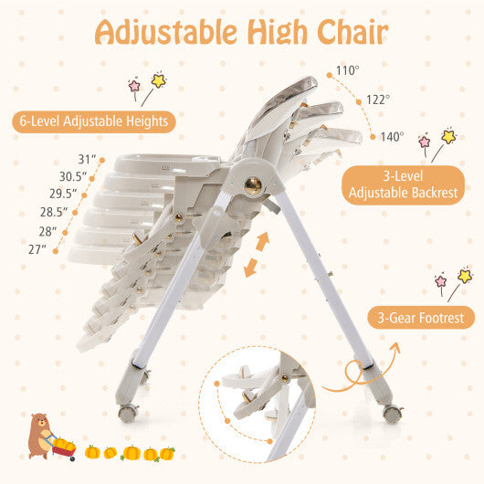 Folding Baby Dining High Chair with Adjustable Height and Recline-Gray W2B
