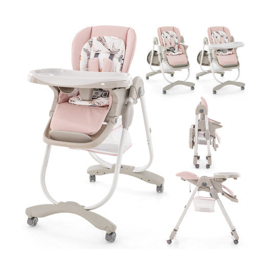 Multifunctional Folding Baby High Chair with Rolling Wheels and Adjustable Height-Pink W2B