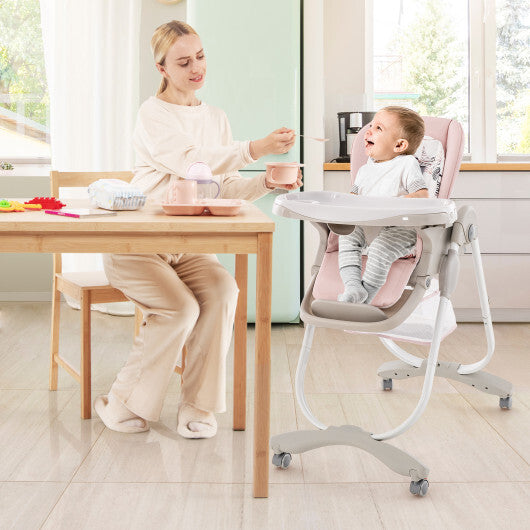 Multifunctional Folding Baby High Chair with Rolling Wheels and Adjustable Height-Pink W2B