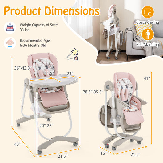 Multifunctional Folding Baby High Chair with Rolling Wheels and Adjustable Height-Pink W2B