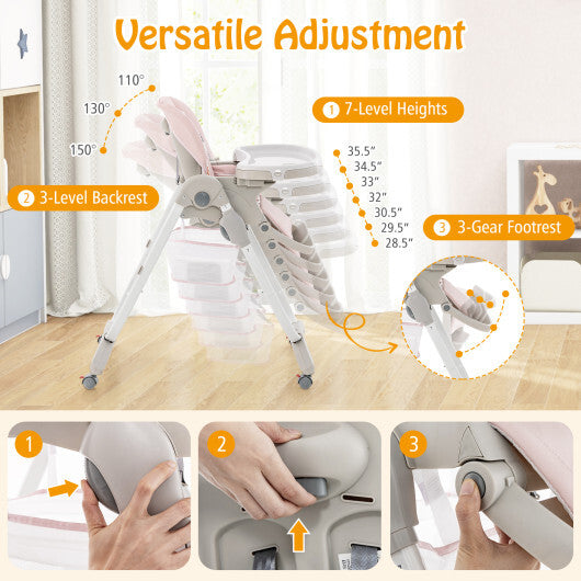 Multifunctional Folding Baby High Chair with Rolling Wheels and Adjustable Height-Pink W2B