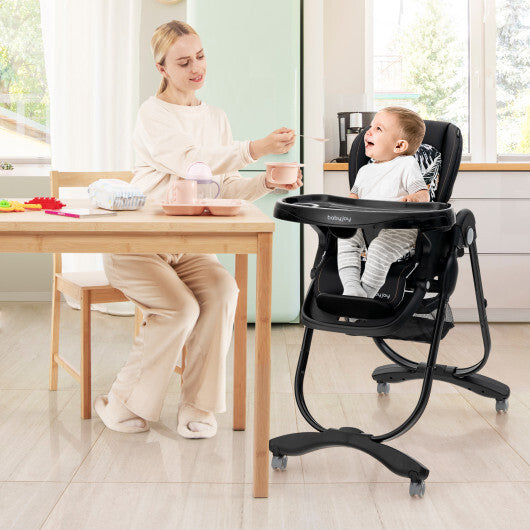 Multifunctional Folding Baby High Chair with Rolling Wheels and Adjustable Height-Pink W2B