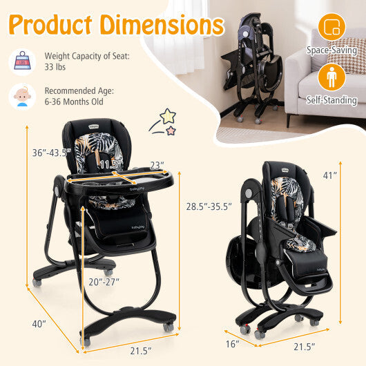 Multifunctional Folding Baby High Chair with Rolling Wheels and Adjustable Height-Pink W2B